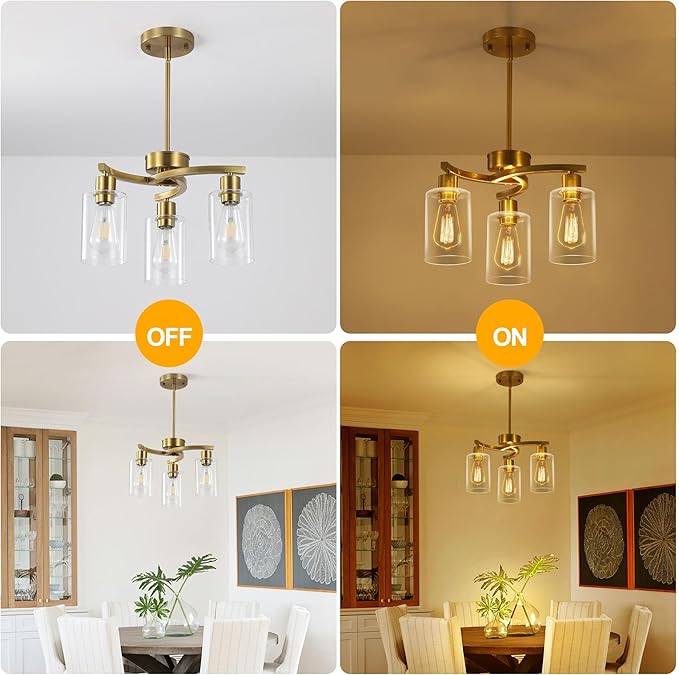 3-Light Gold Dining Room Chandeliers Over Table, Contemporary Kitchen Island Pendant Lighting, Industrial Hanging Light Fixture for Entryway Hallway Foyer Bedroom, Clear Glass Shade