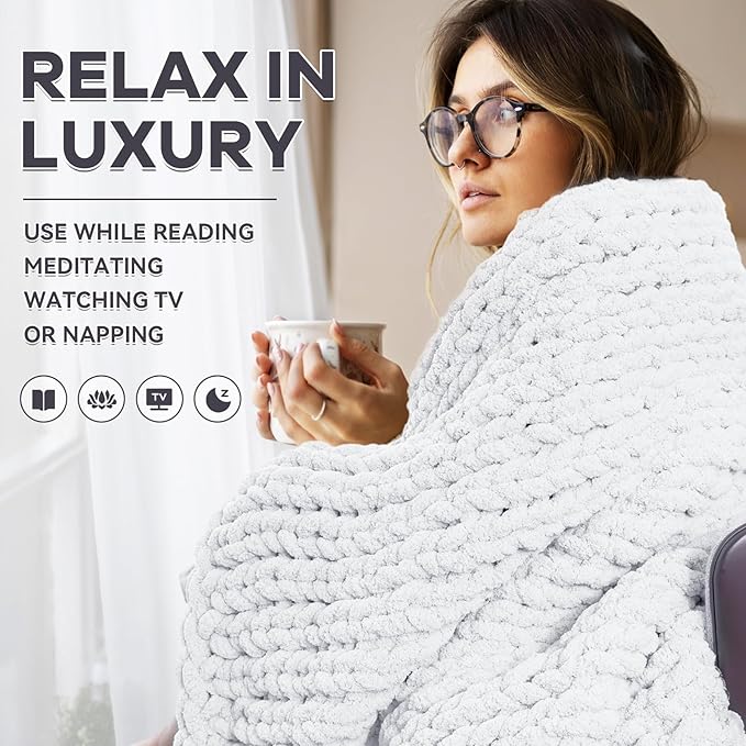 Chunky Knit Blanket - Luxury Soft Cozy 50 * 60 Throw Blanket,100% Woven Blanket Rope Knot Throw Blanket for Couch, Sofa, Home Decor, Gift - Machine Washable（White）