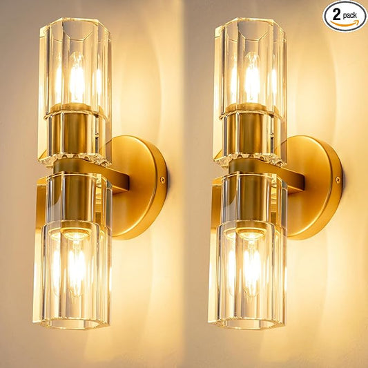 Gold Crystal Wall Sconces Set of Two, Wall Sconce Set of 2, Brass Sconces Wall Lighting with K9 Crystal Lampshade, Wall Lights for Bedroom Living Room Bathroom Hallway
