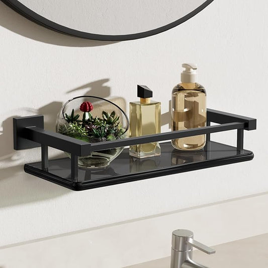 Alise Glass Shelves for Bathroom Wall, Tempered Glass Bathroom Shelf Wall Mounted, Modern Space Saving Floating Shelves 12 inch, Matte Black