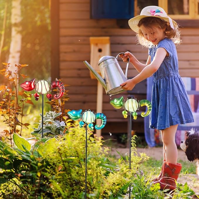 3 Pack Garden Stakes Decorative,Cute Chameleons Glow in The Dark Metal Garden Decor,Waterproof Metal Yard Art Decor for Outside,Funny Present for Mom Women Grandma