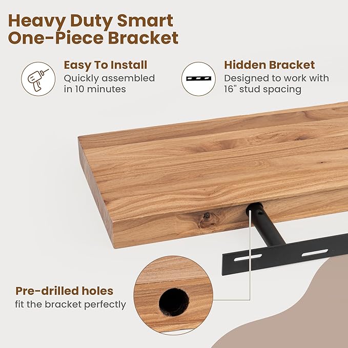 Floating Shelves for Wall Decor, 8" Deep Rustic Solid Elm Wood Floating Shelves Wall Mounted, Wall Shelves with Invisible Bracket for Living Room Bathroom Bedroom Kitchen, 55 Inch Set of 1, Natural