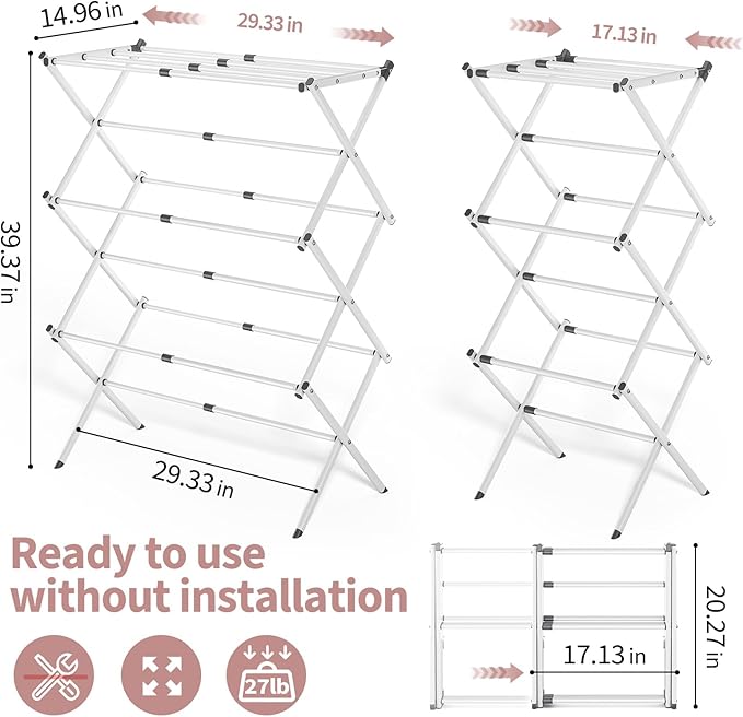APEXCHASER Clothes Drying Rack, 3-Tier Laundry Drying Rack for Clothes, Expandable Metal Clothing Dryer, Collapsible Towel Rack, Air Drying Rack, White