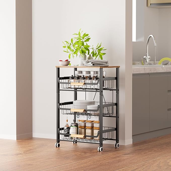 4-Layer Fruit Basket Kitchen Food Organizer and Rack, Stackable Storage Cart with Desktop, Pull-Out Hollow Metal Basket, Sliding Out Storage (Black 4-Layer Rack)