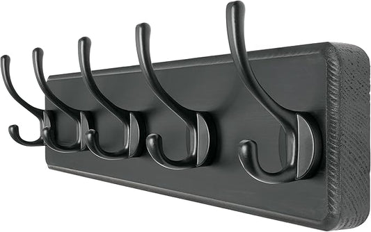 Dseap Coat Rack Wall Mount: Modern, Patented, Heavy-Duty, 17.4" Long 5-Double-Hooks Wooden Hanger Hook Rail for Winter Coats Hat Jacket Clothing, Black