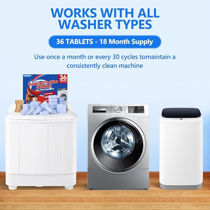36Pack Washing Machine Cleaner Tablets-18 Month Supply,Washer Machine Cleaner Formulated For Pet Owners,Easy Pet Hair Remover for Laundry,Compatible with HE, Top & Front Load Washer.Septic Safe