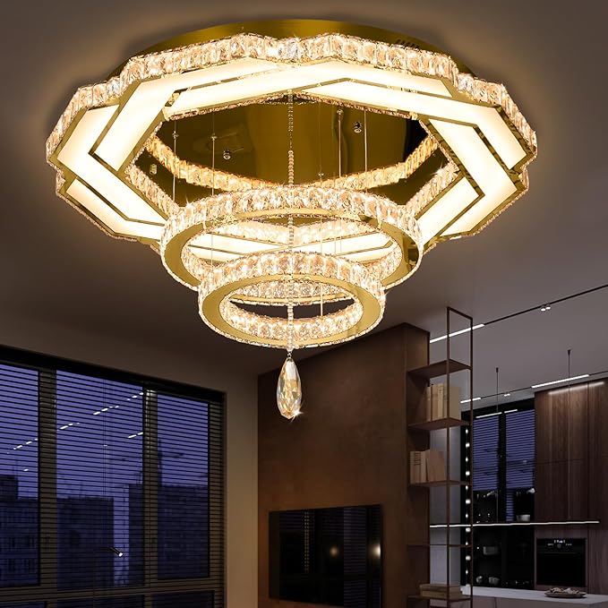 Flashing God Large Crystal Chandelier Dia 48" Gold Chandelier Flush Mount Ceiling Light for Bedroom Living Room Dining Room Hallway Dimmable 3 Rings LED Celing Lighting Fixtures