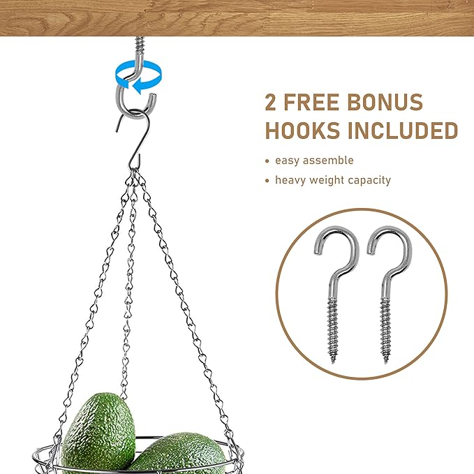 CAXXA 3-Tier Hanging Basket Fruit Organizer Kitchen Heavy Duty Wire Organizer with 2 Free Bonus Metal Ceiling Hooks, Chrome