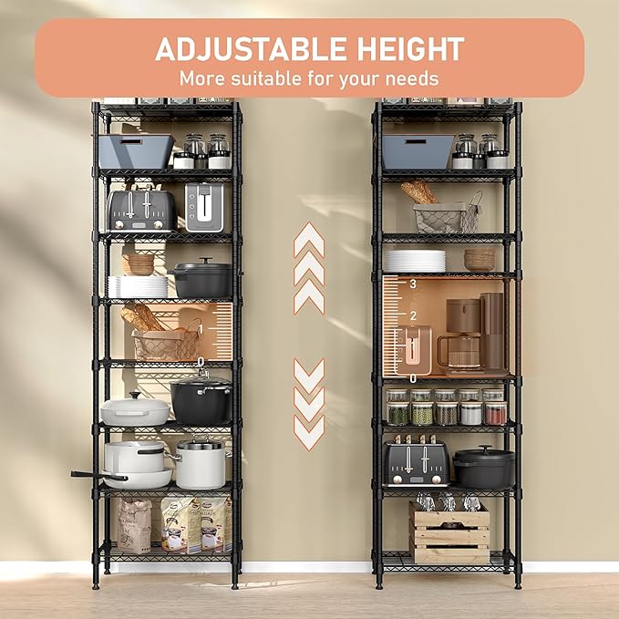 8 Tier 2000 lbs Storage Rack Metal Wire Shelving Unit, Storage Standing Shelf Organizer for Laundry Bathroom Kitchen Pantry Closet Garage Basement Utility Room, Black 13.8" D x 23.6" W x 79.5" H