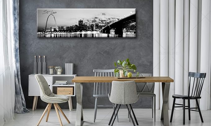 DJSYLIFE Panoramic St. Louis Skyline Wall Art Cityscape Picture Black and White Canvas Print Night View Urban Landscape Modern Artwork Office Bedroom Decor Framed and Ready to Hang 13.8"x47.3"