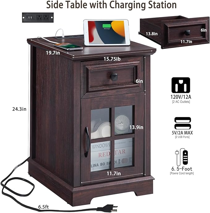 Farmhouse XXL End Table with Charging Station, Side Table with USB Ports and Outlets, Nightstand with Drawer and Glass Door Storage, Cherry Bedside Tables for Living Room, Bedroom, Office