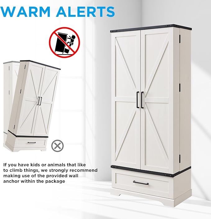 72" Farmhouse Kitchen Pantry Cabinet with Drawer, Tall Storage Cabinet with 2 Barn Doors and Shelves, Versatile Large Rustic Cupboard for Dining Room, Bathroom, Living Room, Laudry, White