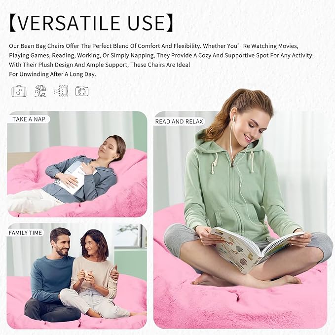 Bean Bag Chair for Adults 6FT,Soft Removable Cover for Teens/Girls Bedroom,Fluffy Giant Round Floor Beanbag Lounger Chairs (No Filler,Pink)