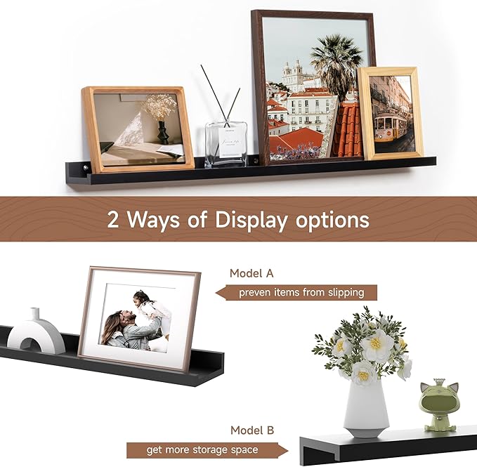 Fun Memories Picture Ledge Shelf, 36 Inch Floating Shelves Set of 2, Nursery Book Shelves for Toys Storage, Kids Bookshelf Wall Mounted for Wall Decor Books Photo Frames, Black