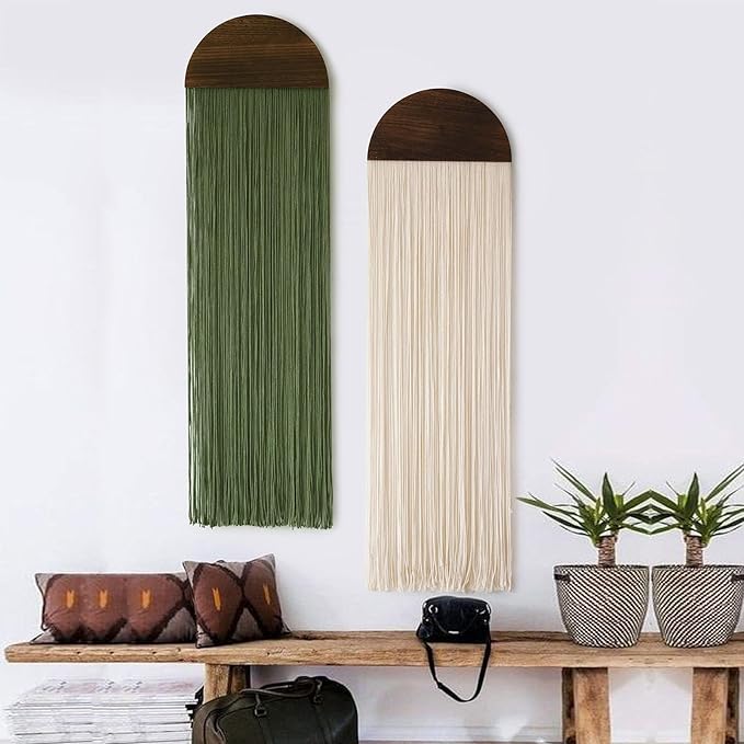 Flber 2 Pcs Macrame Wall Hanging Boho Decor Wall Tapestry Handmade Round Tassel 13.7" W x 51" L For Living Room Bedroom Headboard Decor