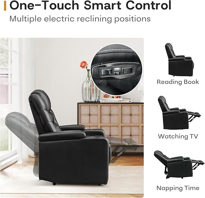 ANJ Power Home Theater Recliner Chair Set of 3, Electric Movie Theater Seating Reclining Chairs with Cup Holders for Living Room, Faux Leather with Blue LED, USB Ports, Hidden Arm Storage (Black)