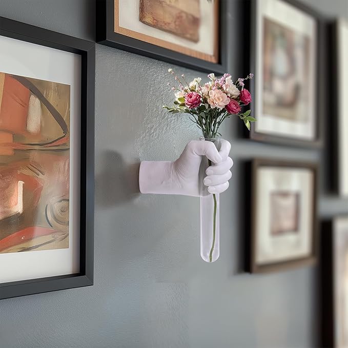 Creative Wall Hanging Sculpture, Funky White Hand Vases Home Decor, Artistic Hanging Hand Sculptures with Test Tube Vases, Unique Wall Art Statue