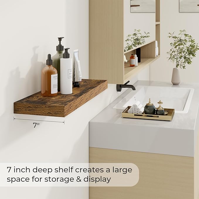 24 inch Floating Shelves Long Floating Shelves for Wall Large Wall Mounted Shelves with Invisible Brackets, Brown Shelves for Bathroom, Living Room, Kitchen, Office, 24x6.7 inch deep Set of 2