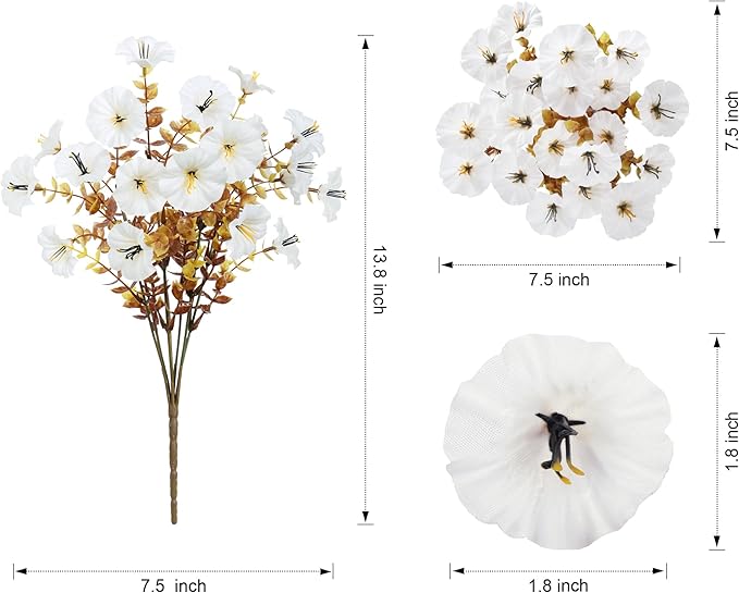 Fake Mums Artificial Fall Flowers Fake Plants for Outdoors Autumn Decor, 12 Bundles White Silk Morning Glory with Eucalyptus Look Real UV Resistant Faux Flowers for Outside Planters Front Door Yard