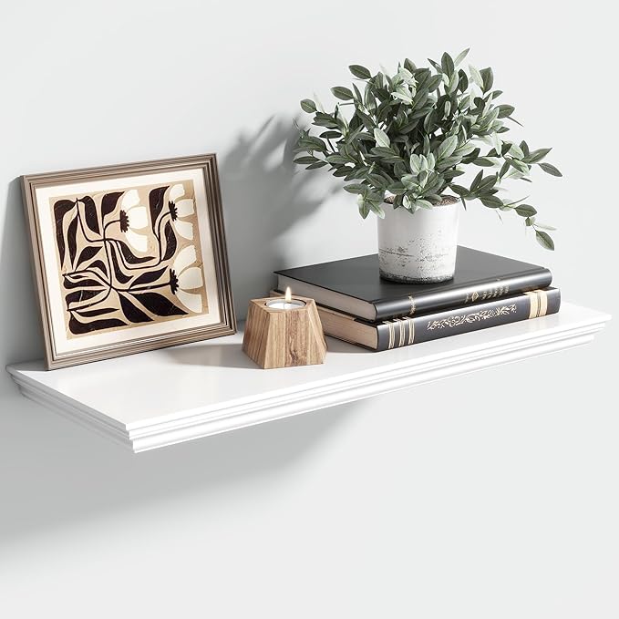 Floating Shelves for Wall, 24 Inch Long Wall Mounted White Hanging Shelf for Kitchen, Living Room, Office, Bedroom, Bathroom, Retro Vintage Wood Bookshelf for House Decor