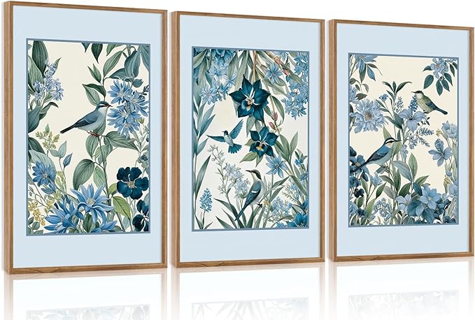 Aurlan Vintage Blue Birds and Botanical Framed Wall Art(16"x24"), 3PCS Classic Chinoiserie Audubon Bird Canvas Artwork, Large Abstract Watercolor Flowers Floral Home Decor for Bedroom Living Room