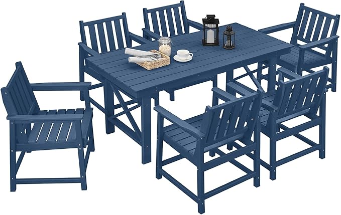 7 Pieces HDPE Outdoor Dining Set, Patio Dining Set with Umbrella Hole, All Weather Outdoor Dining Table Sets for 6, HDPE Patio Furniture Sets for Deck, Backyard, Lawn, and Poolside, Navy