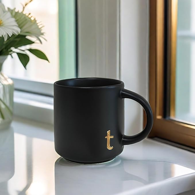 COLLECTIVE HOME - Black Monogram Ceramic Mugs, 15 oz Golden Initial Coffee Cups, Elegant Alphabet Tea Mugs, Personalized Halloween Mug with Gift Box, Perfect for Office and Home Décor (t)
