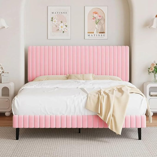 Full Size Bed Frame with Headboard, Velvet Upholstered Platform Bed with Vertical Channel Tufted Design, No Box Spring Required, Easy Assembly, Pink