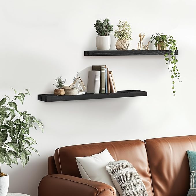 Floating Wall Shelves 2-Pack - Rustic Black 16-inch Wooden Wall Shelves for Storage and Décor, Multi-Functional and Easy to Install for Living Room, Bedroom, and Kitchen