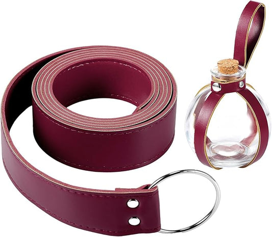 Boao Potion Bottles with Cork Set Dark Magic Cork Round Potion Bottle with Leather Belt Clear Glass Large for Halloween Costume Props DIY Crafts Decorative, 200 ml(Claret)