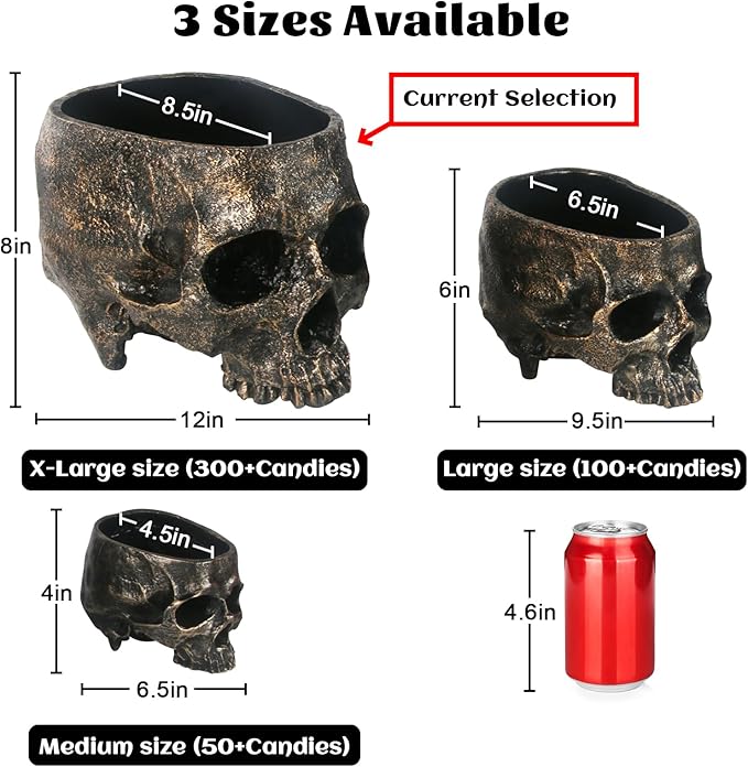 7lb Capacity Extra Large Halloween Skull Candy Dish - Deep Skull Head Halloween Candy Bowl Holder Artificial Resin Skulls Decor Indoor Outdoor Table Centerpieces Flower Pot Plant Office Pen Holder
