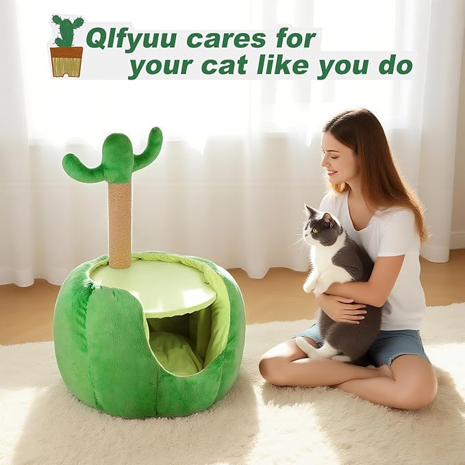 Cat Houses for Indoor Cats, Small Cat Tree with Sisal Ropes and Plush Perch, Cute Cat Bed Cave with Soft Pillow, Cactus Design
