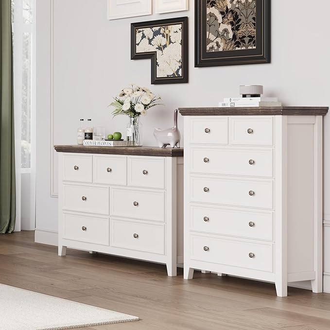BLANKSPACE 7 Drawer Dresser, Modern Farmhouse Dresser Chest of Drawer for Bedroom, Chest of Drawers Storage Cabinet for Living Room, Entryway, Hallway, Antique White
