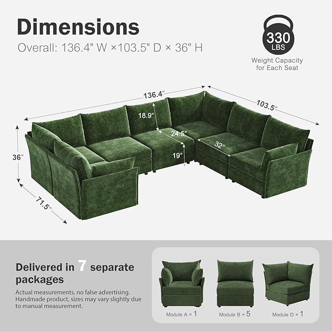 136.4" Oversized Modular Sectional Sofa, U Shaped Convertible Couch with Movable Ottoman, Large 7 Seat Corner Couches for Living Room Deep Seat Green Chenille