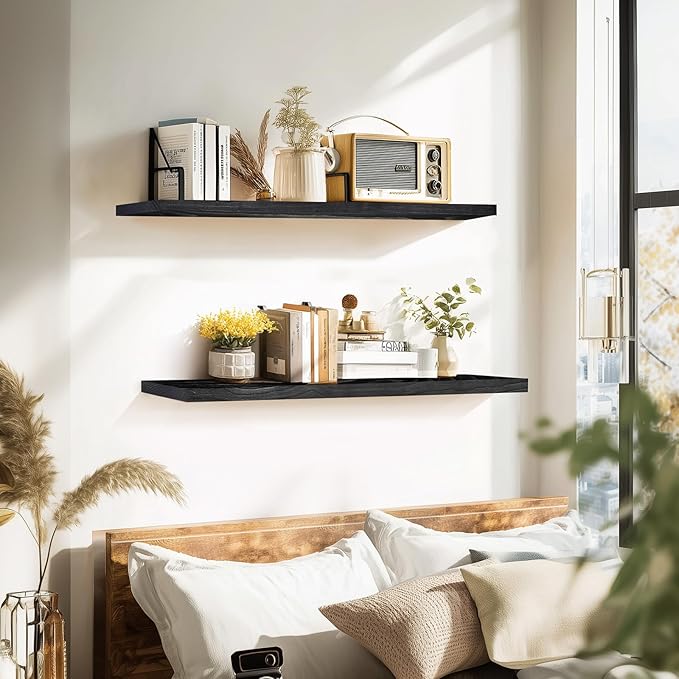 Floating Wall Shelves 2-Pack - 36-Inch Rustic Black Wooden Shelves for Storage and Décor, Easy Installation for Living Room, Bedroom, and Kitchen