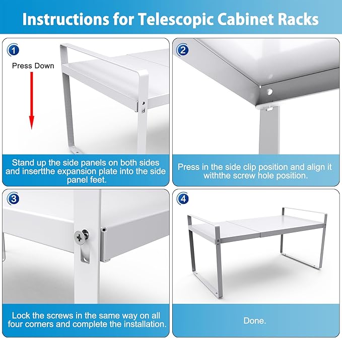 9'' Wide Expandable Cabinet Shelf Organizer Rack Adjustable Length 14''-26'' Pantry Shelf Spice Rack Heavy Duty Nonslip Kitchen Counter Storage Shelves Pantry Cupboard Under Sink Countertop White