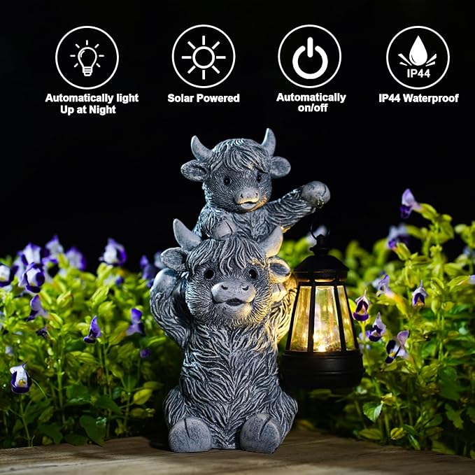 Goodeco 9.5 Inch Highland Cow with Solar Lantern – Resin Garden Decor, Outdoor Statue & Unique Highland Cow Gifts (Gray)