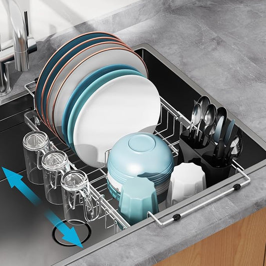 GSlife Expandable in Sink Dish Drying Rack - Capacity Adjustable Stainless Steel Over The Sink Dish Drainer with 2 Cup Holder and Utensil Holder for Kitchen Sink, 10.8"~17.9" L x 14.2" W, Silver