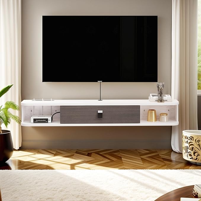 Pmnianhua Floating TV Console,78'' Wall-Mounted Media Console TV Cabinet Floating TV Stand Entertainment Shelf with Door and Storage (Grey-White)