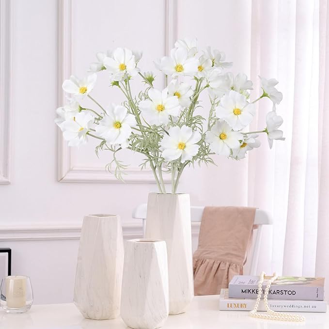 IPOPU White Daisy Flowers Artificial Cosmos 5PCS White Fake Wildflowers 24.5" Silk Flowers with Stems for Home Decor Indoor Artificial Daisies for Wedding Bouquets Floral Craft