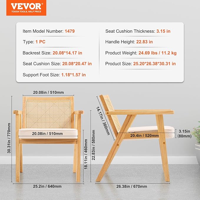 VEVOR Mid Century Modern Rattan Chair, Upholstered Velvet Accent Chair with Rattan Back, Retro Living Room Chair for Living Room, Bedroom, Reading Room, and Office, Beige