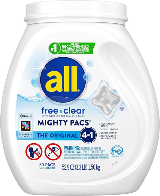 all Free Clear Mighty Pacs Laundry Detergent, for Sensitive Skin, Unscented and Dye Free, 80 Count
