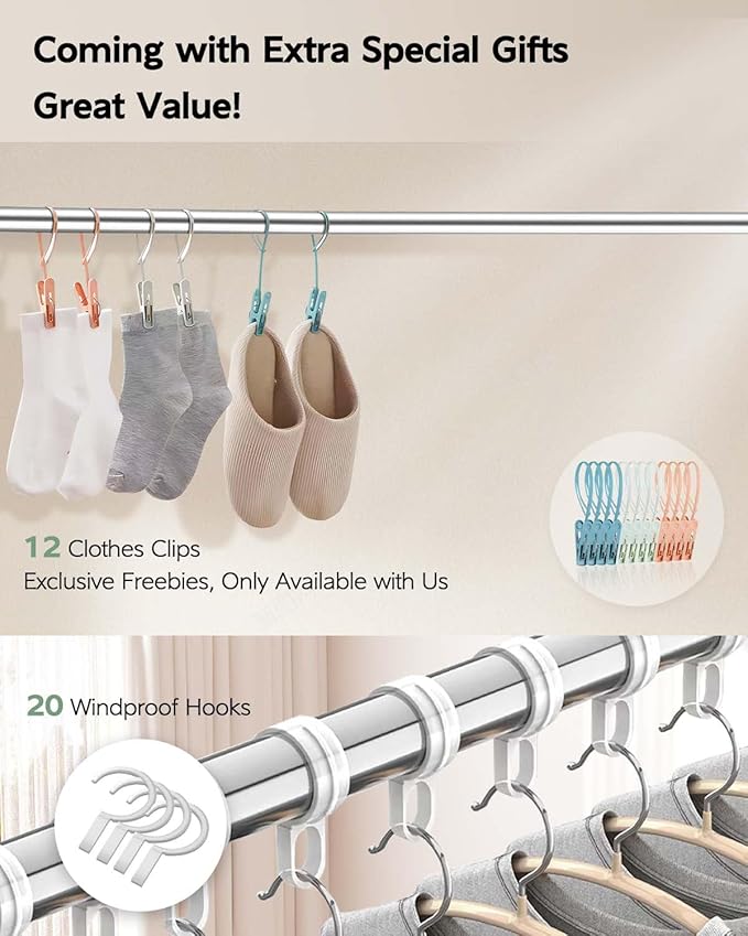 Clothes Drying Rack 95 Inches Folding Outdoor Indoor, Drying Rack Clothing Collapsible, Foldable Laundry Drying Rack, Heavy Duty Stainless Steel Clothesline, 20 Hooks 12 Clips