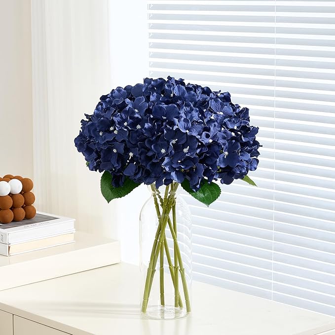 8Pcs Navy Blue Fake Flowers Silk Hydrangea Artificial Flowers Bouquets Faux Hydrangea Stems for Home Table Centerpieces Wedding Party Decoration