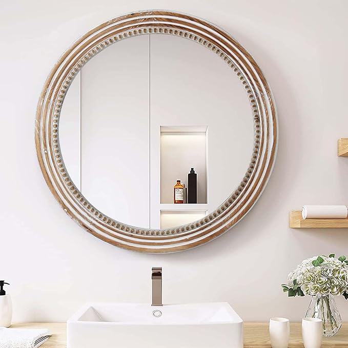 24 Inch Rustic Round Mirror - Farmhouse Vintage Bathroom Vanity Mirror, Wall-Mounted Round Mirrors for Bathroom Sink, Bedroom & Living Room and Framed Decorative Restroom Mirror