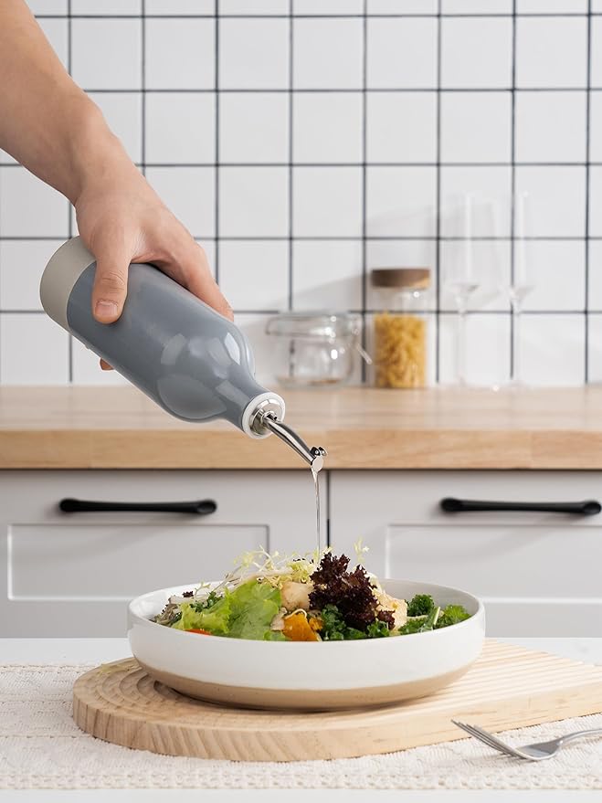 famiware Milkyway 16oz Ceramic Olive Oil Dispenser Bottle, 1 Piece Oil Dispenser for Kitchen with Stainless Steel Pourers, Suitable for Storage Vinegar, Soy Sauce, Coffee Syrup, Liquids, Dark Gray