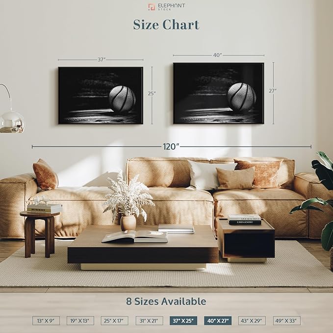 ElephantStock Basketball Wall Art - Horizontal Framed Canvas - 1-Piece Hallway Wall Decor - Photography sports Canvas Print - Black and Gray Decor for Wall - 37" X 25"