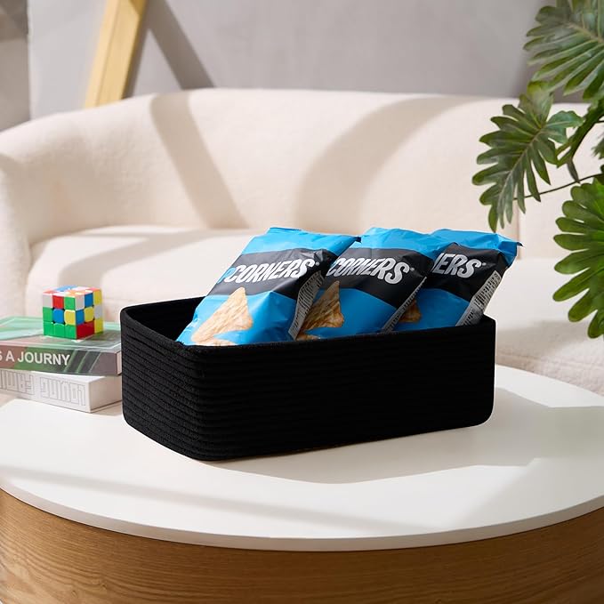 Large Shallow Organizing Baskets 15x11x5.1 Inches - Rope Woven Storage Bins for Bathroom, Shelves, Cube Closet, Black 2 Packs