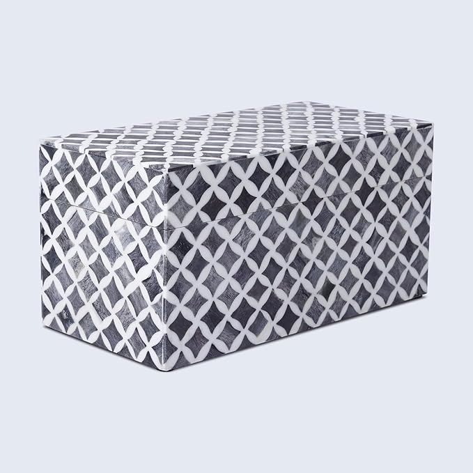 Handicrafts Home White Handmade Keepsake Organizer with Lid Decorative Storage Box- Star Pattern Collection Memories Holder for Jewelry, Photos & Cards- Home Decor Accents- Bone & Resin Inlay- 10x5x5