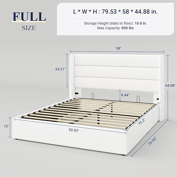 Allewie Full Size Velvet Lift Up Storage Bed, Modern Wingback Headboard, Hydraulic Support, No Box Spring Needed, White